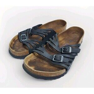 Birkenstock Granada Black Leather Sandals Womens Size 7 38 Strappy Buckle